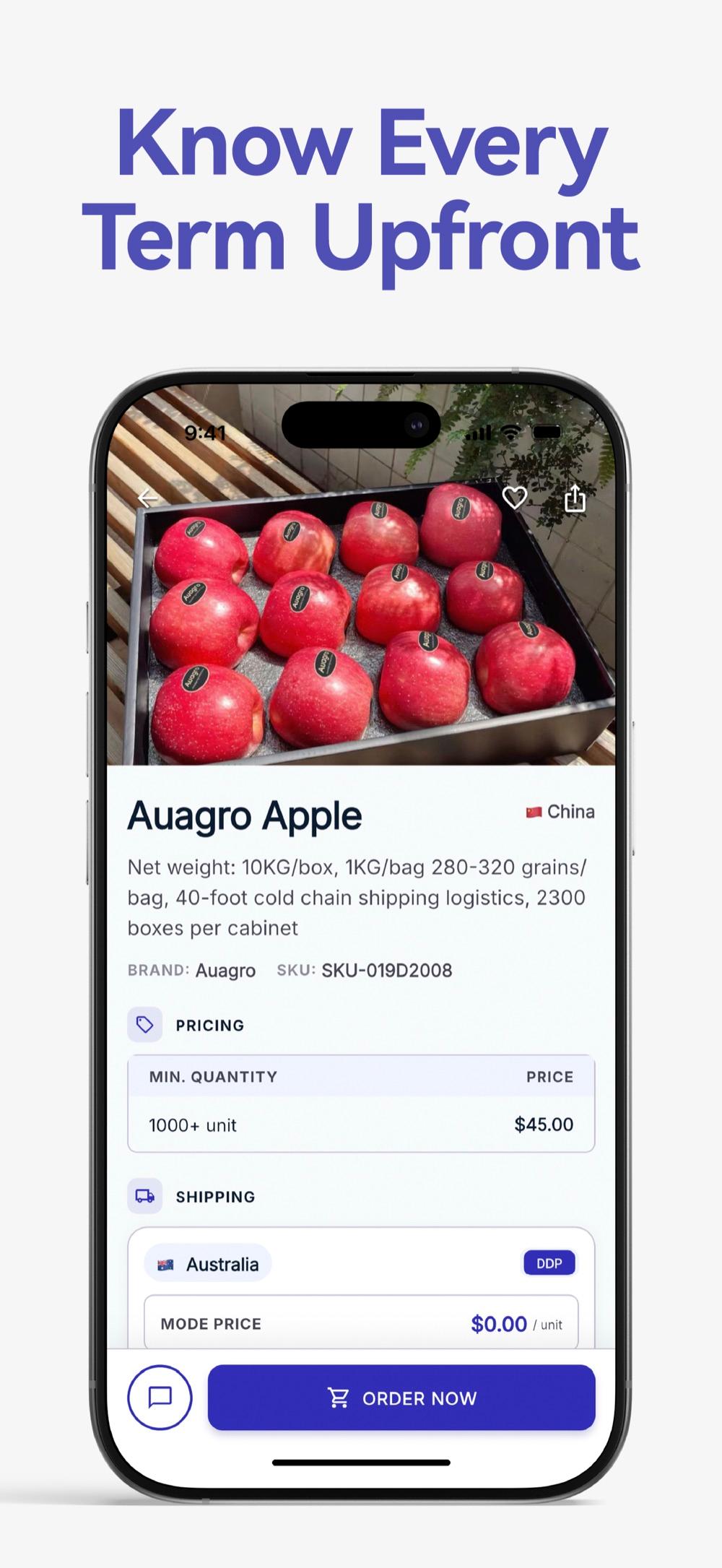 Auagro app product detail — tiered pricing, shipping mode, and order terms before you buy.