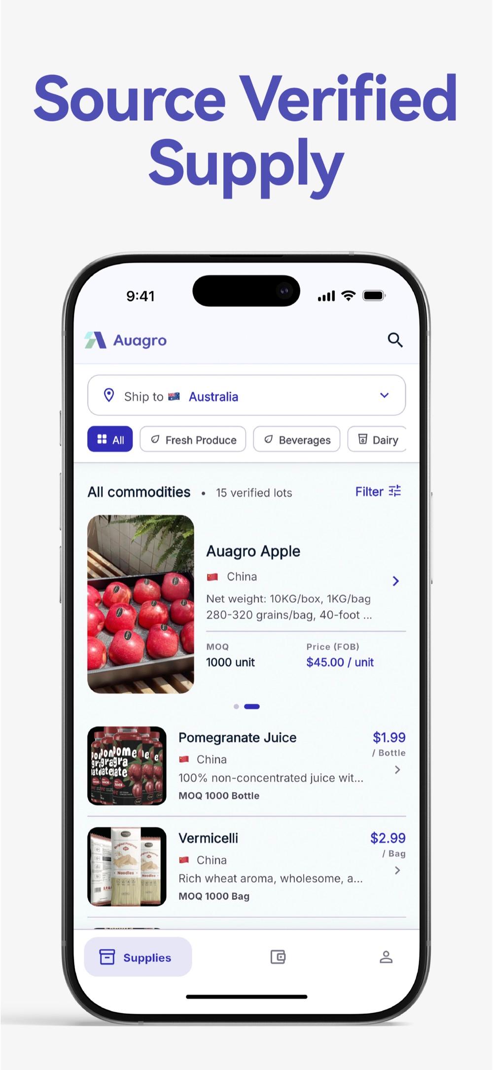 Auagro app home — browse verified agricultural lots by shipping destination, with MOQ and FOB pricing.