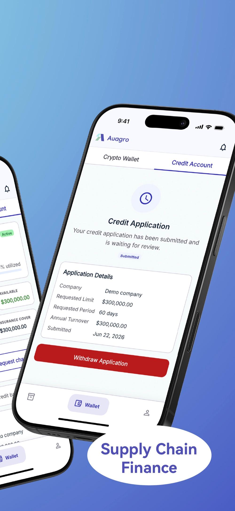 Auagro app supply-chain finance — credit application submitted for review.