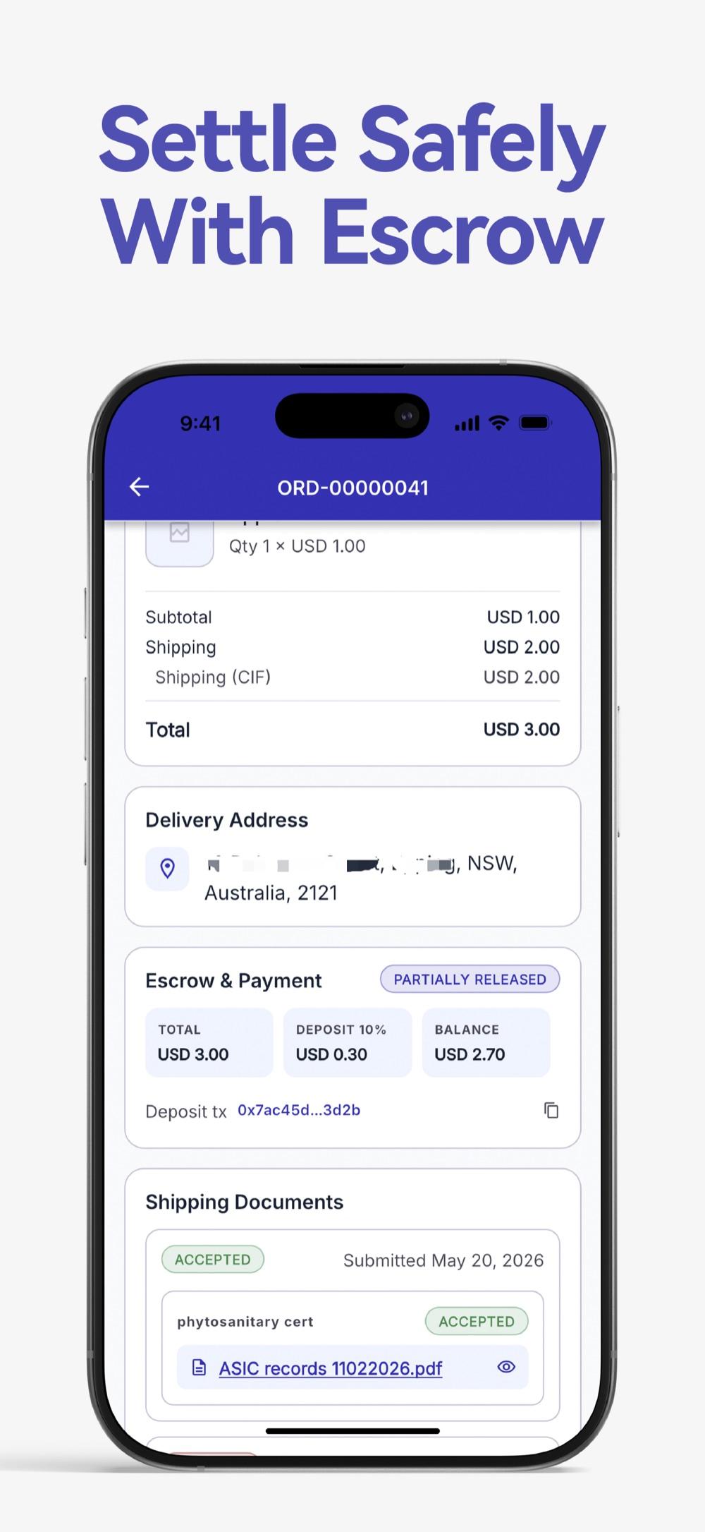 Auagro app order — escrow payment with deposit, balance, and accepted shipping documents.