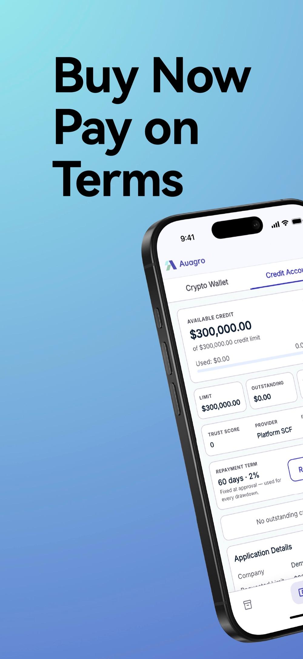 Auagro app credit account — buy now and pay on fixed terms.