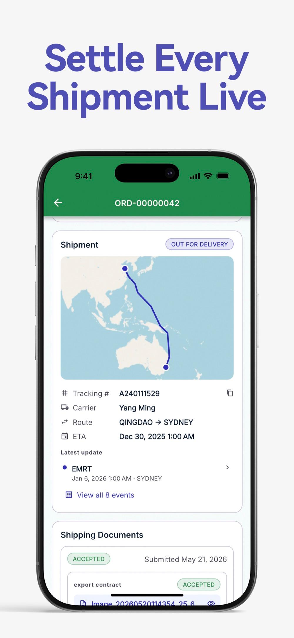 Auagro app shipment tracking — live route map, carrier, ETA, and milestone events.